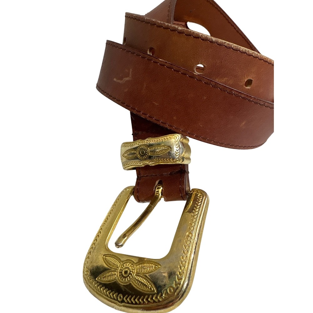 Donna Katz Vintage Tan Brown Leather Western Belt‎ Gold Engraved Buckle Medium